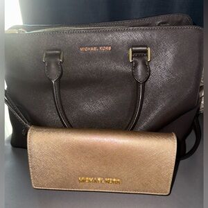 Michael Kors Dark Brown and Gold Matching Wallet Shoulder Bag Set